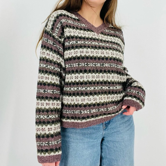 vintage boho crushed lavender wool blend boxy knit sweater v-neck patterned M - Picture 1 of 6